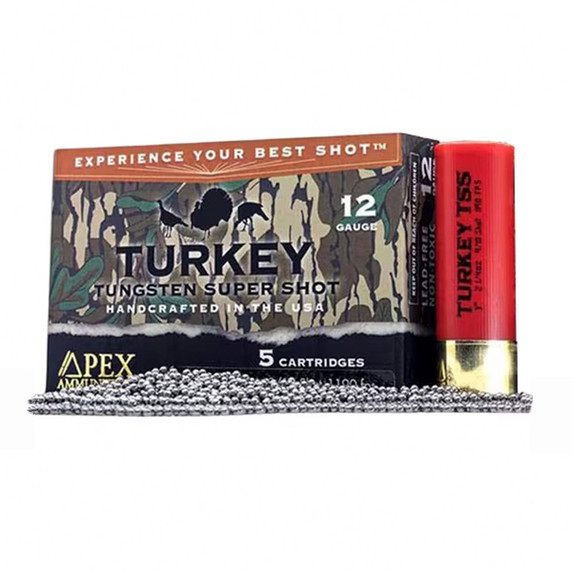 Box Image of the Apex Ammunition 12 Gauge 2 1/4 oz 3" #9 and #10 Tungsten Shot Turkey TSS Mossy Oak Greenleaf Blend.