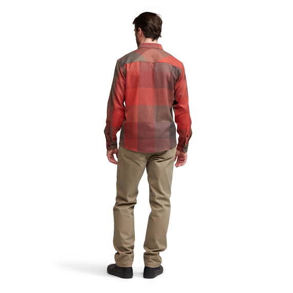Sitka Hardwood Heavyweight Flannel Back Model Image in Red Fall Plaid
