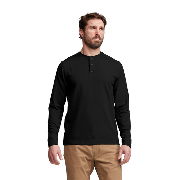 Sitka Foothills Long-Sleeve Henley Front Model Image in Sitka Black