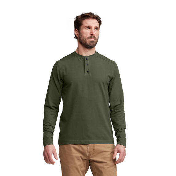 Sitka Foothills Long-Sleeve Henley Front Model Image in Olive Green