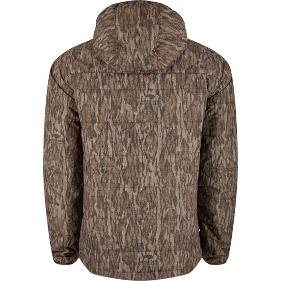 Drake Waterfowl MST Synthetic Down Hooded Jacket Back Image in Mossy Oak Bottomland