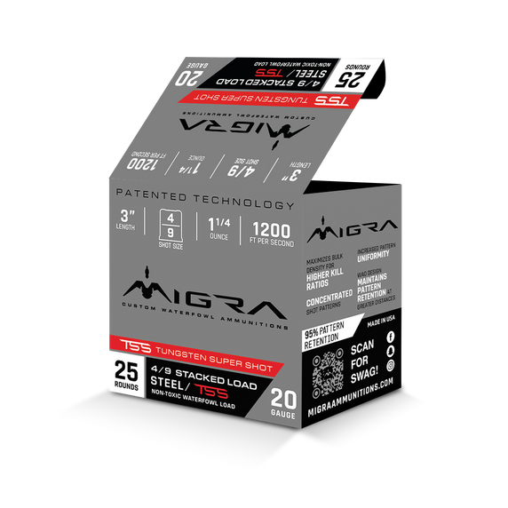 Migra 20 Gauge 3" 1 1/4 oz. 1200 FPS Stacked Steel Tungsten Waterfowl Loads Box Image