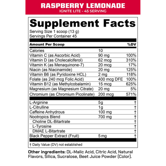 MTN OPS Ignite Lite Energy Supplement Facts Image