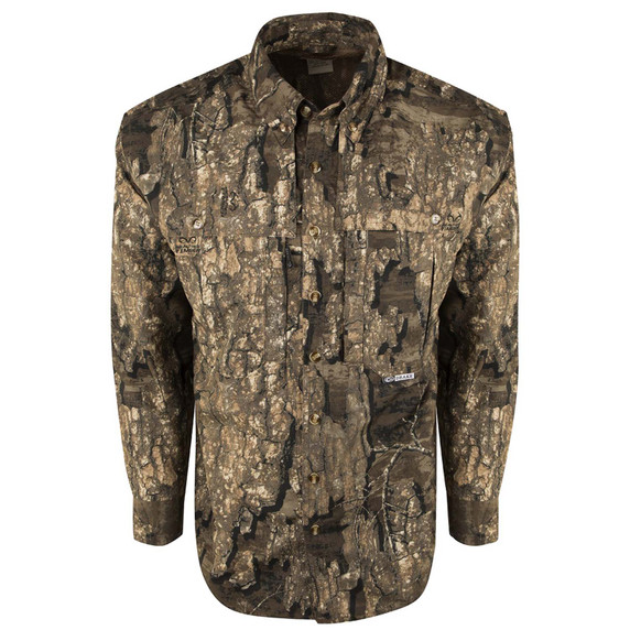 Drake Waterfowl EST Vented Camo Wingshooter's Shirt Front Image in Realtree Timber