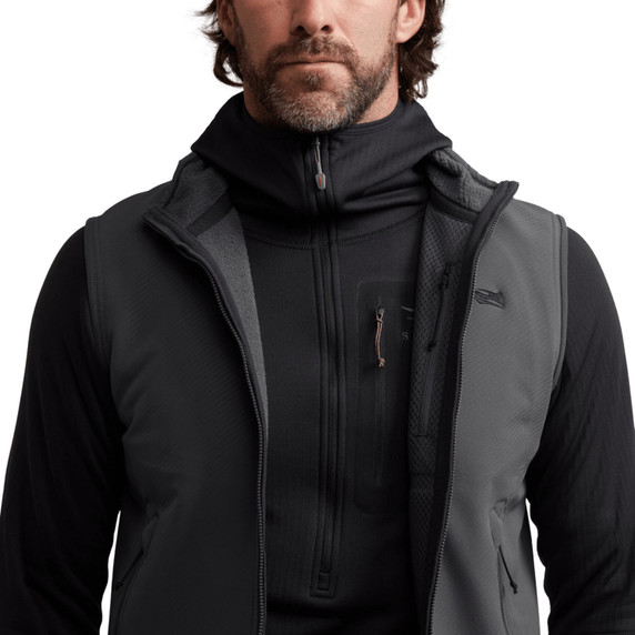 Sitka Alpha Fleece Vest Front Chest Pocket Image in Iron Grey
