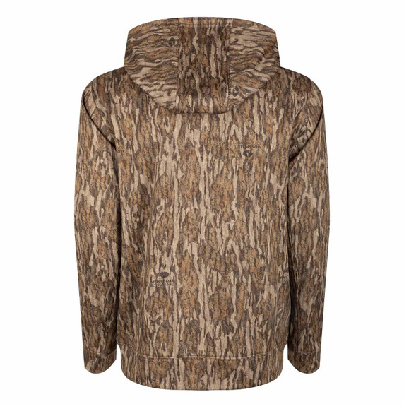 Drake Waterfowl Men's Performance Camo Hoodie Back Image in Mossy Oak Bottomland