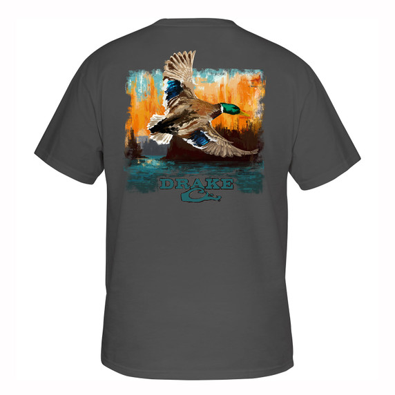 Drake Waterfowl Watercolor Mallard Cotton T-Shirt Back Image in Charcoal