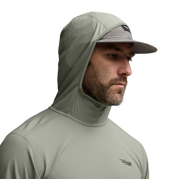 Sitka Radiant Sun Hoody Model Hood Image in Herb Green