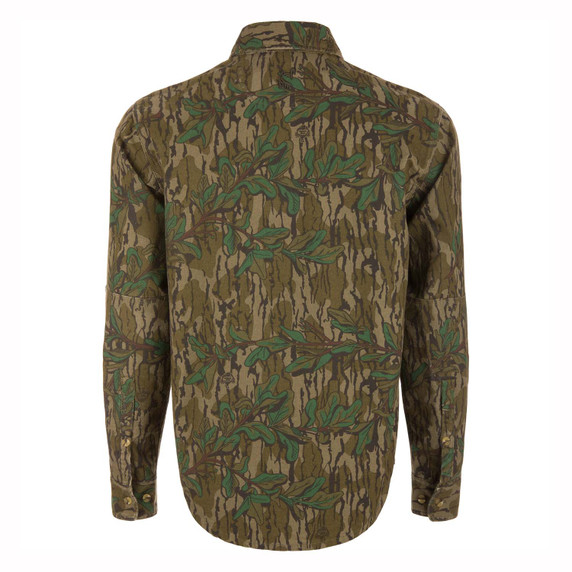 Drake Waterfowl Throwback 80 Button-Down Field Shirt Back Image in Mossy Oak Greenleaf.