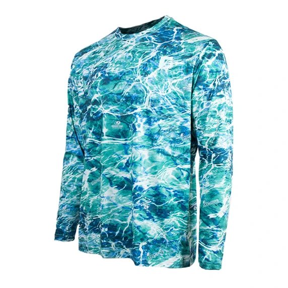 side image of Rogers Elite Chill Long Sleeve Tee with Bug Protection in Mossy Oak Elements Agua Sea Foam.
