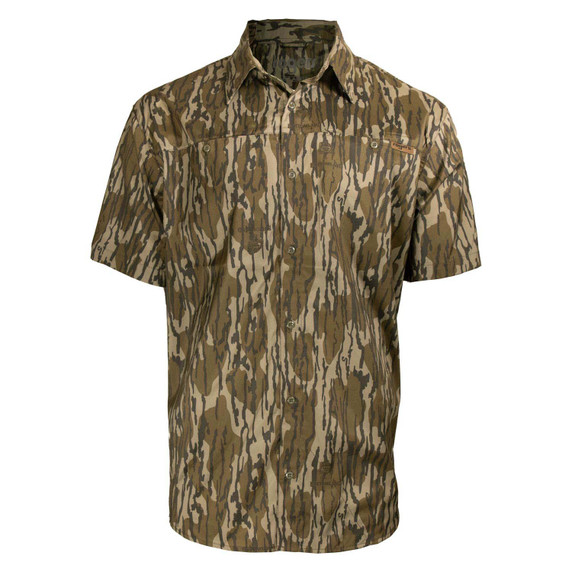 Rogers Sporting Goods Tough Guide Camo Short Sleeve Button-Down Shirt with Bug Protection Image in Mossy Oak Original Bottomland