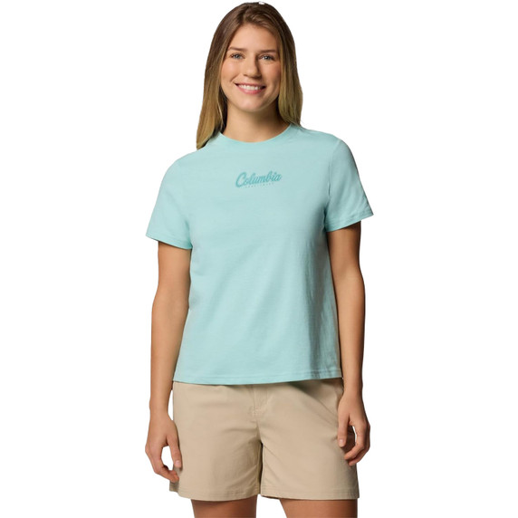 Columbia Womens Rolling Bend Graphic Short Sleeve Shirt image in Spray-Scripted Brand