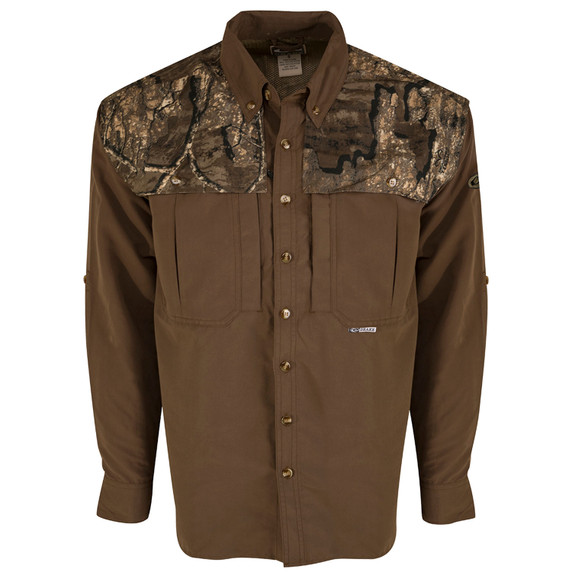 Drake Waterfowl Two-Tone Camo Vented Wingshooter's Shirt Image in Realtree Timber
