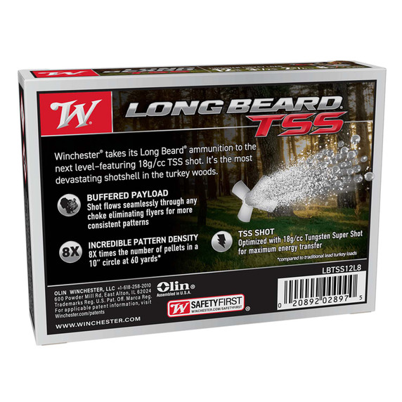 Winchester 12 Gauge 3 1/2" 2-3/4oz 1050FPS Longbeard TSS Turkey Loads Back of Box Image