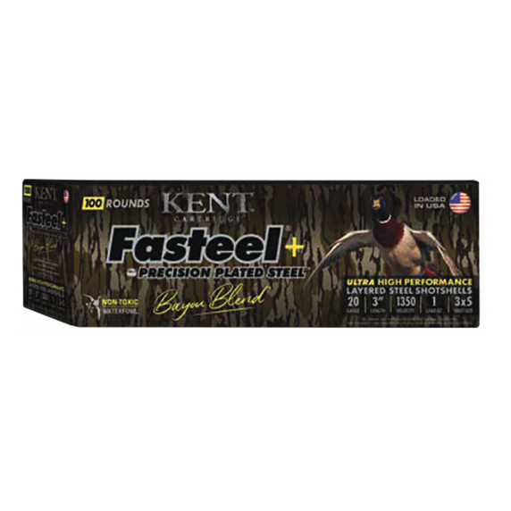 Box Image of the Kent Fasteel+ 20 Gauge 3" 1oz 1350FPS Bayou Blend Waterfowl Loads.