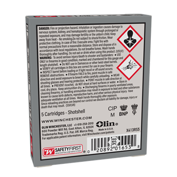 Winchester .410 Gauge 3" 1/4oz 1800FPS Super-X Rifled Slug Hollow Point Slugs, Box of 5 Back of Box Image