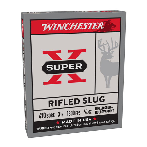 Winchester .410 Gauge 3" 1/4oz 1800FPS Super-X Rifled Slug Hollow Point Slugs, Box of 5 Front of Box Image