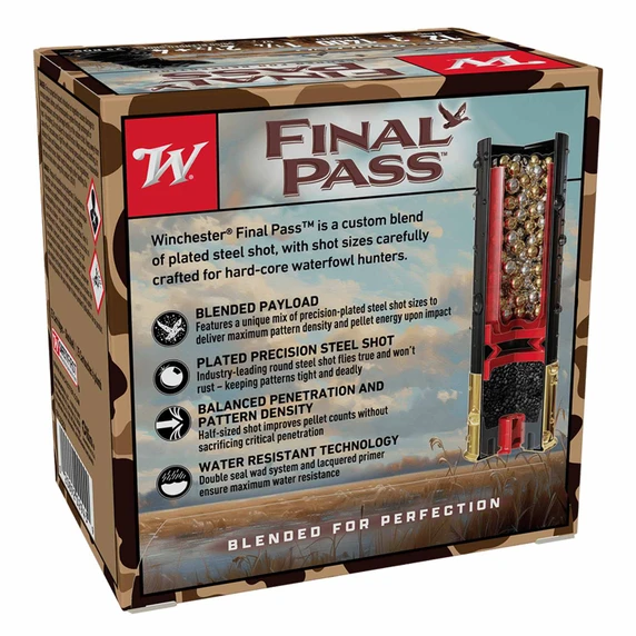 Rear view of Winchesters 12 Gauge 3" 1 1/4oz 1400FPS Final Pass Blend Waterfowl Ammo Back Box.