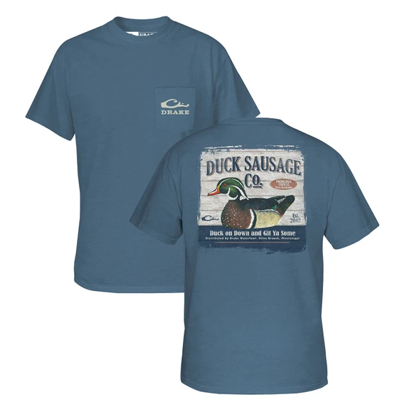 Image of the Drake Waterfowl Duck Sausage Co. Short Sleeve T-Shirt in Blue Shadow