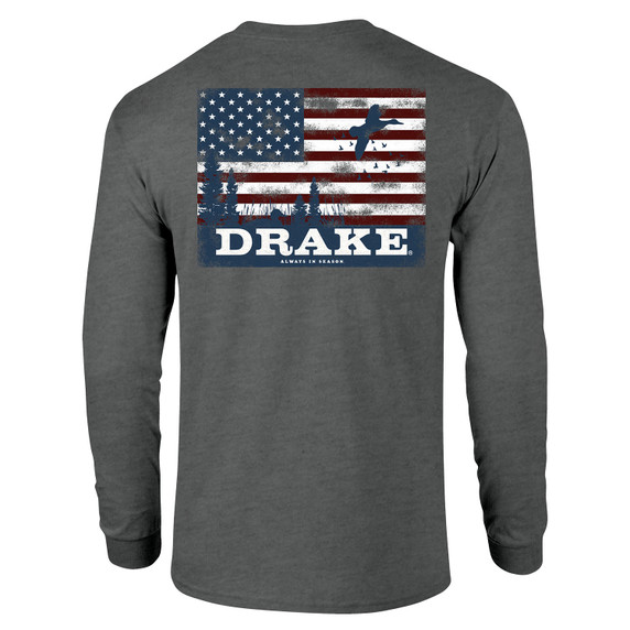Drake Waterfowl Americana Scenic Long Sleeve T-Shirt Back Image in Graphite Heather