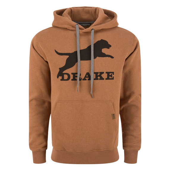 Drake Waterfowl Leaping Lab Graphic Hoodie Front Image in Golden Pecan Dark Heather