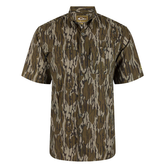 Drake Waterfowl 8-Shot Flyweight Short Sleeve Shirt Image in Mossy Oak Original Bottomland