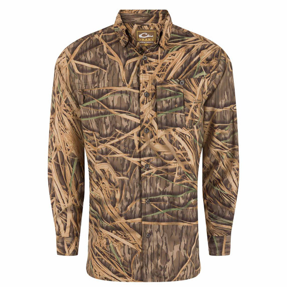 Drake Waterfowl Flyweight Camo Long-Sleeve Hunting Shirt Image in Mossy Oak Original Shadow Grass