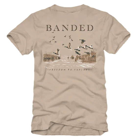 Banded Mallards Flying Scene Short-Sleeve Tee Back Image in Tan