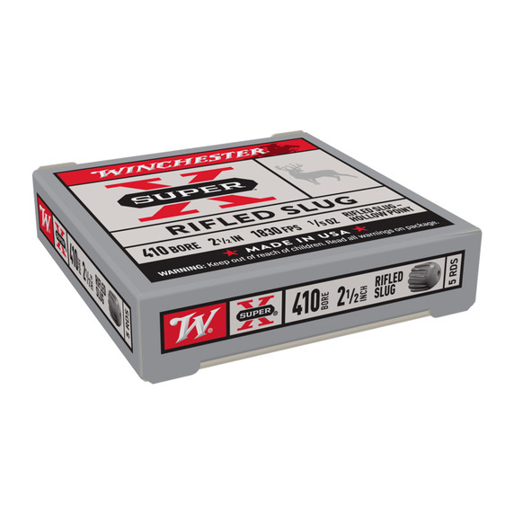 .410 Gauge 2-1/2" 1/5oz 1830FPS Super-X Hollow Point Rifled Slugs Side Box Image