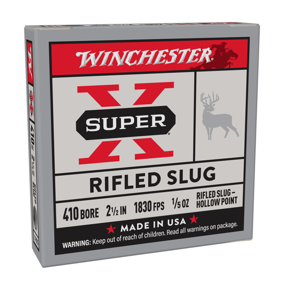 .410 Gauge 2-1/2" 1/5oz 1830FPS Super-X Hollow Point Rifled Slugs Front Box Image