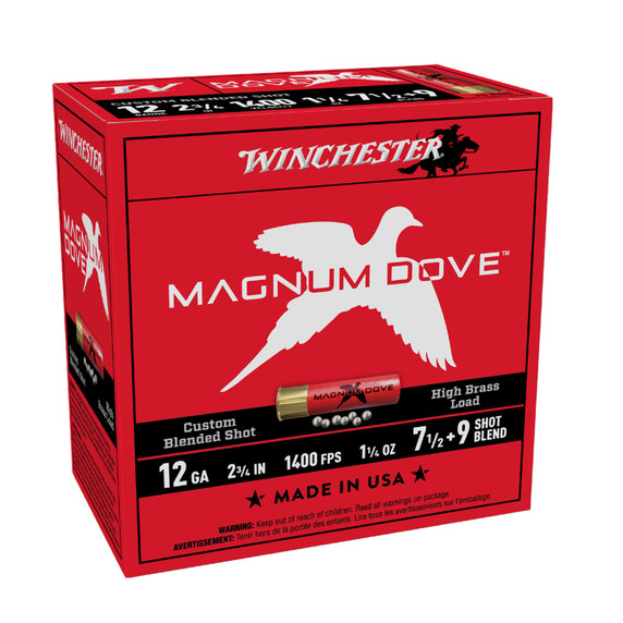 Winchester 12 Gauge 2 3/4" 1 1/4oz 1400 FPS Magnum Dove Lead High Brass Loads Box Image