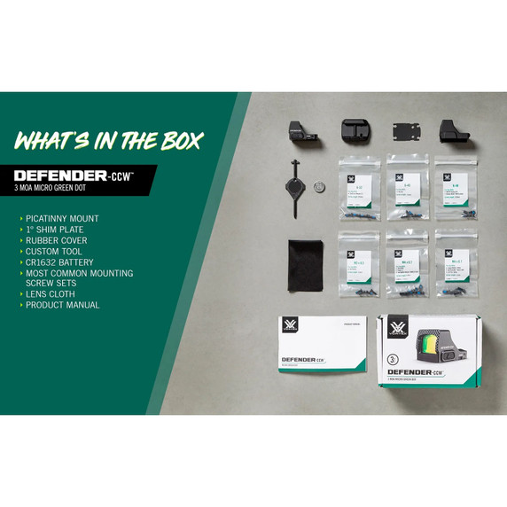 Vortex Optics Defender CCW 3 MOA Micro Green Dot Sight What's Included Image