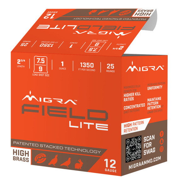 Migra 12 Gauge 2 3/4" 1oz 1350FPS Field Lite High Brass Lead Stacked Loads Box Image