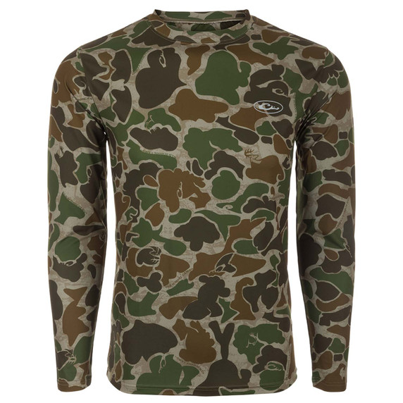 Drake Waterfowl EST Camo Performance Long-Sleeve Crew Image in Old School Green