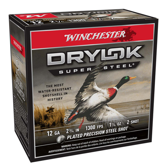 Box Image of the Winchester 12 Gauge 2 3/4" 1 1/4oz 1300FPS Drylok Super Steel Plates Precision Steel Shot Waterfowl Loads.