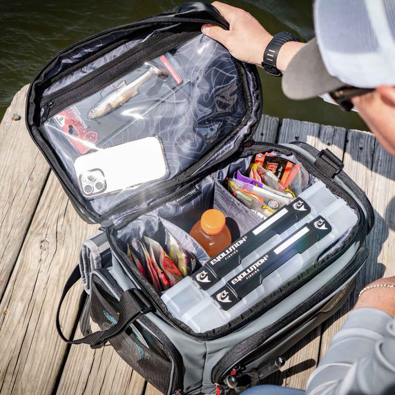 Evolution Outdoor Largemouth Tackle Bag Inside with Gear Image