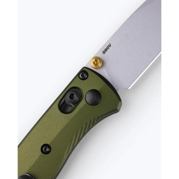 Benchmade Mini Bugout Woodland Green Drop-point Knife close up image