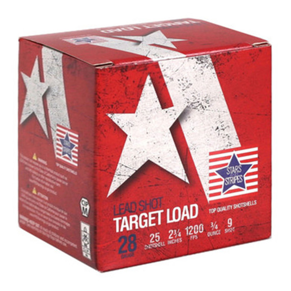 Box Image of the Stars and Stripes 28 Gauge 2 3/4" 3/4oz 1200FPS Lead Shot Target Loads.