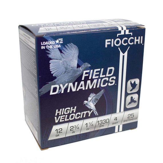 Fiocchi Ammunition 12 Gauge 2 3/4" 1 1/4oz 1330FPS Field Dynamics Target Loads Box Image.