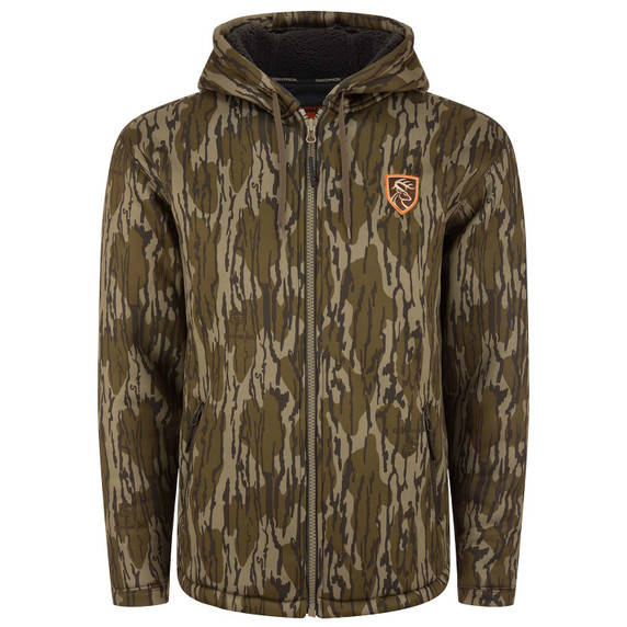 Drake Waterfowl Non-Typical Silencer Full-Zip Hoodie Front Image in Mossy Oak Original Bottomland