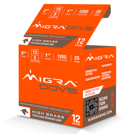 Migra 12 Gauge 2 3/4" 1 1/4oz 1350FPS High Brass Lead Stacked Dove Loads
