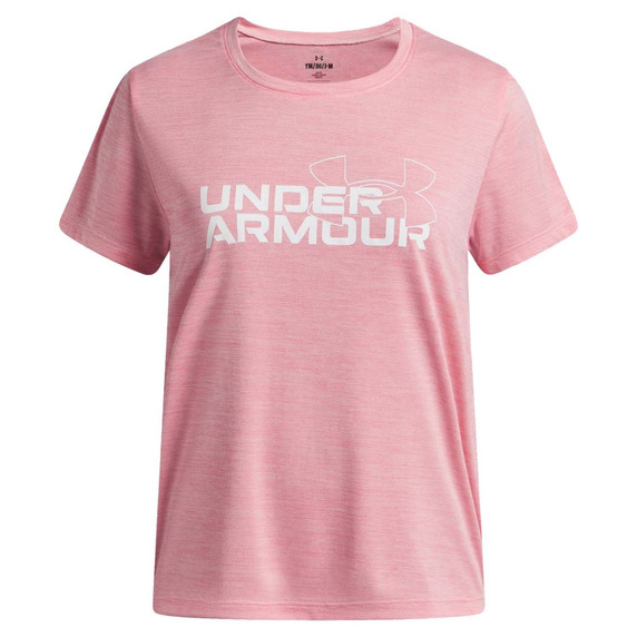 Under Armour Girls' Tech Twist Wordmark Logo Short-Sleeve Shirt Image in Bittersweet Pink