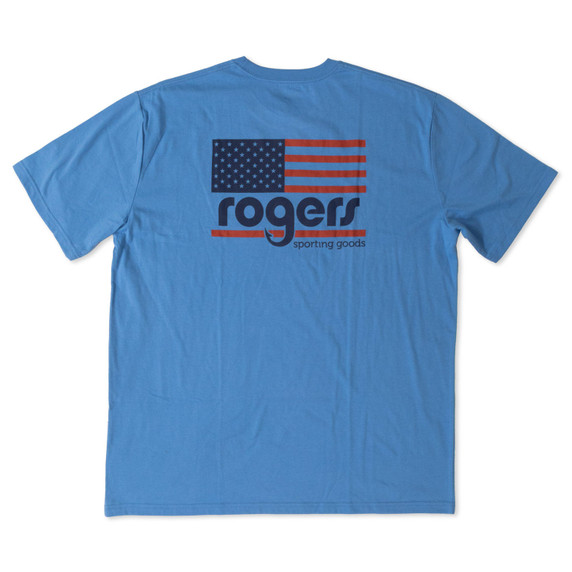Image of the Rogers American Flag T-Shirt in Azure Blue