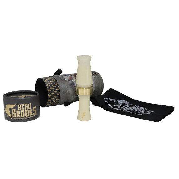 Package, Call and Cloth Image of the Power Calls Beau Brooks Signature Hybrid Duck Call.