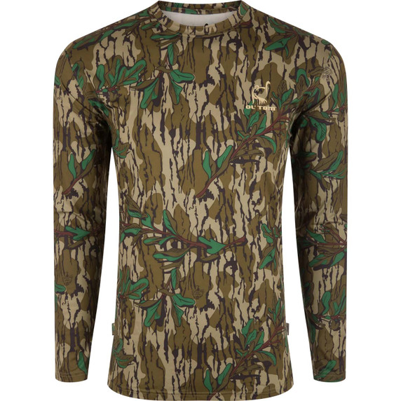 image of Drake Youth Performance Camo Long Sleeve Crew in Mossy Oak Greenleaf.