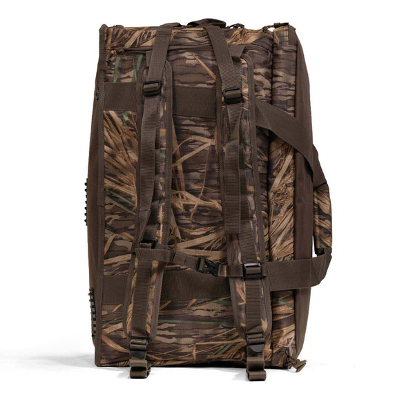 Straight on view of the back pack straps of the image of the Rogers Elite Camo Duffel Bag.