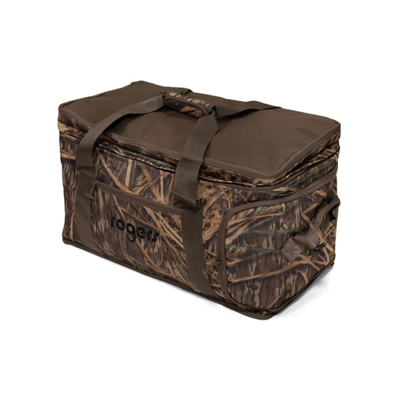 Tilted image of the Rogers Elite Camo Duffel Bag.