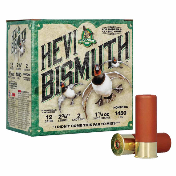 Box and Shells Image of the HeviShot 12 Gauge 2 3/4" 1 1/4oz 1450FPS Hevi Bismuth Loads.