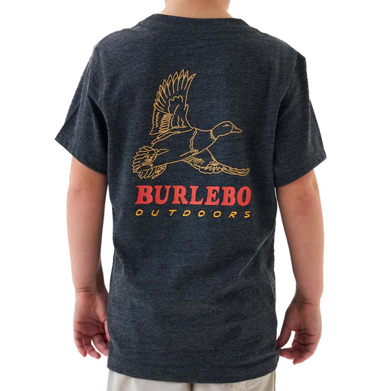 Back image of the Burlebo Youth Rad Dude Deer Camo Short Sleeve Tee in Heather Black.