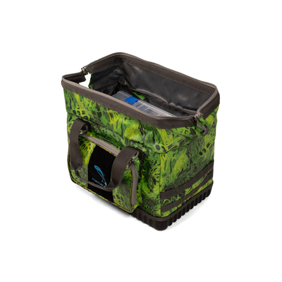 Tilted and open image of the FishTacker Superday Tackle Bag in Amped.